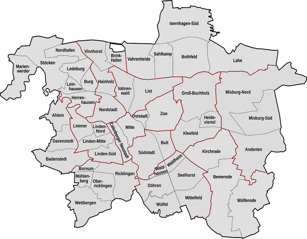 Karte der Stadtteile von Hannover, Stadt - Geltungsbereich unseres kostenlosen Mietspiegelrechners der Stadt Hannover